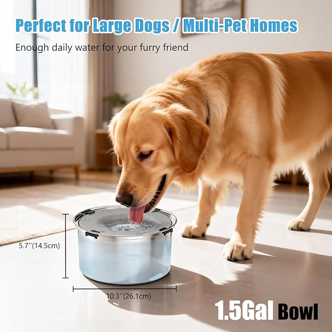 SCHITEC No Spill Dog Water Bowl for Large Dogs, 5.6L / 1.5 Gallon Stainless Steel Splash-Proof Slow Drinking Pet Dish with Floating Disk & Non-Slip Base, Mess-Free Design for Home or Travel-Gray