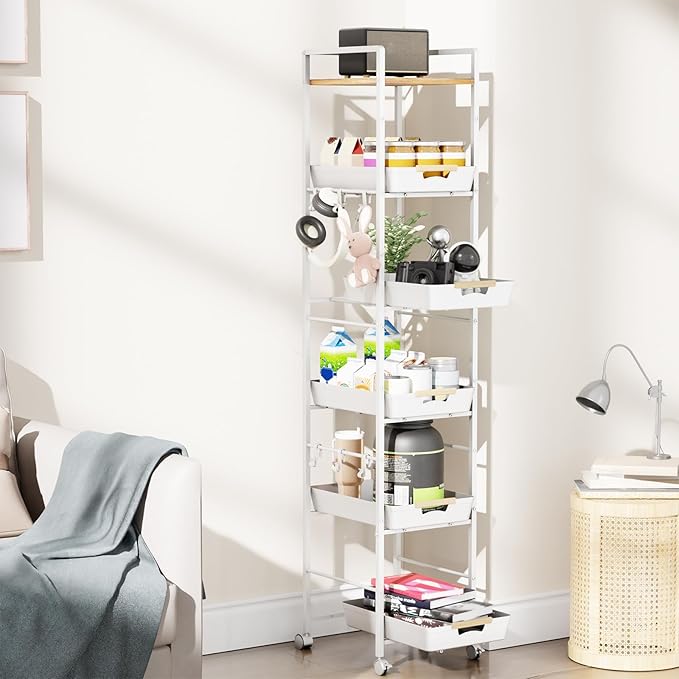 6 Tier Storage Cart with Pull-Out Baskets Rolling Storage Cart with Wheels Wood Top Organizer Rolling Utility Cart for Pantry Laundry Room Bathroom Kitchen White 14.5”D x 13”W x 64.1”H