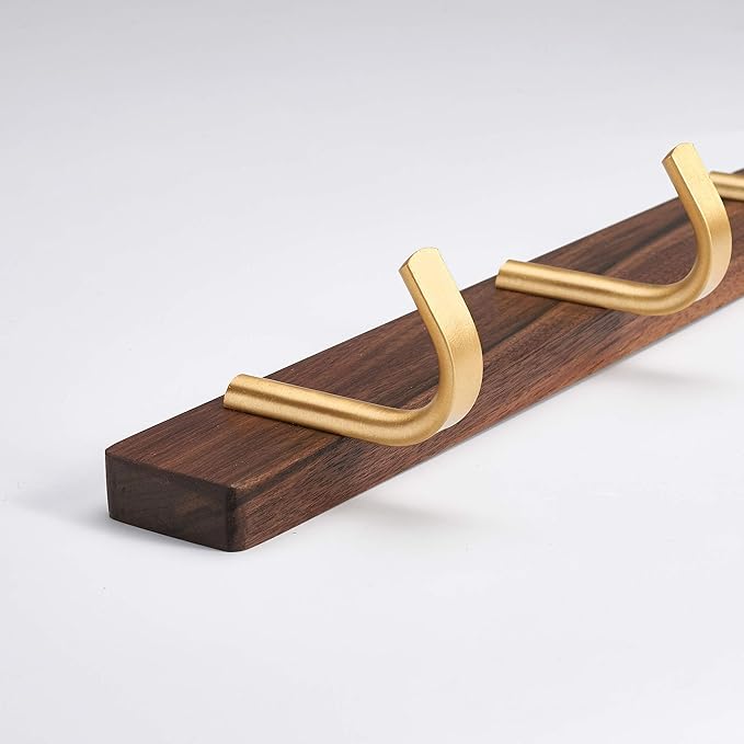 SARIHOSY] Wall Mounted Coat Rack,Multi Hook Hangers,Entryway Hanging Coat Rack,Metal Wood Coat Rail with 4 Hooks，Walnut Wood,zinc Alloy,Bedroom,Bathroom,Foyer,Living Room,Metal Household Items