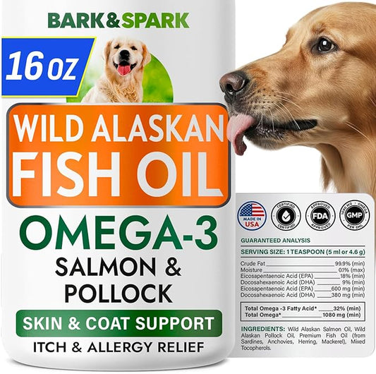 BARK&SPARK Omega 3 Fish Oil for Dogs - w/Wild Alaskan Salmon Oil for Dogs, Fish Oil Liquid Supplement for Pets, EPA+DHA Fatty Acids, Skin&Coat Support - Itch&Allergy Relief, Joint, Immune&Heart Health