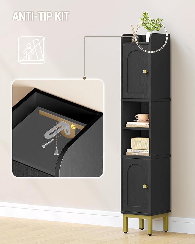 Slim Bathroom Storage Cabinet, Narrow Bathroom Organizers and Storage with 4 Adjustable Feet, Laundry Room Organization for Small Space, Kitchen, Living Room, 2 Doors Black BC22404G