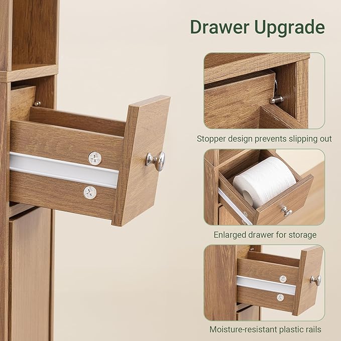 SoBuy Bathroom Narrow Storage Cabinet Skinny Tall Unit with Adjustable Shelves Slender Anti-Tipping Floor Standing Cupboard, Natural BZR34-PF