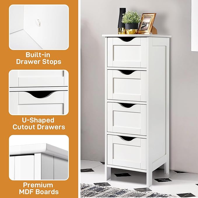 Bonnlo Bathroom Storage Cabinet Skinny Wooden Side Bathroom with 4 Drawers Small Free Standing Floor Cabinet White Slim 12 Inch Wide Organizer for Bedroom Living Room, 12 Inch Deep Narrow Organizer