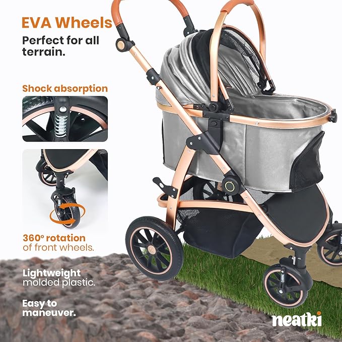 3 in 1 Pet Stroller for Small to Medium Dogs and Cats up to 55 lbs with Detachable Carrier/Car Seat, 34.44x24.21x 42.91, Foldable and Lightweight, Detachable Cushion + Cup Holder (Gray)