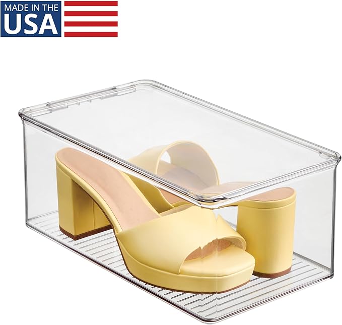 iDesign Stackable Shoe Box with Hinged-Lid for Wedges or Sandals, Set of 2, Clear, Made in USA