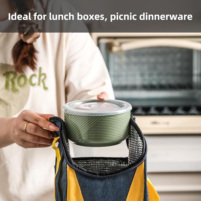Ceramic Nesting Bowls with Lid: Microwave Safe Food Storage Containers for Work Lunch Picnic Camping Meal Prep Soup Salad Cereal Leftovers - 5 & 6 Inch, 20 & 32 oz, Set of 2, Green