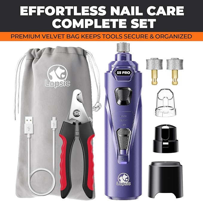 Dog Nail Grinder with 2 LED Lights Powerful 2 Speeds Super Quiet Dog Nail Trimmers with 3 Grinding Wheels Rechargeable Pet Dog Nail Clippers for Large Medium Puppy Dogs Nail File Cat Nail Clipper Blue
