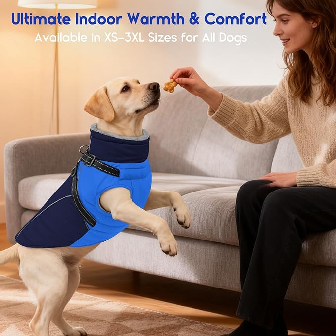 ASENKU Reflective Dog Coat with Built-in Harness, Windproof Fleece-Lined Dog Jacket for Small, Medium, Large Dogs, Warm Winter Vest with Turtleneck & Zipper (Khaki M)