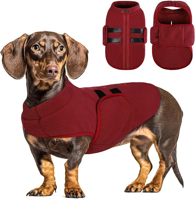 Queenmore Small Dog Sweater, Soft Fleece Vest Pullover Dog Jacket with Leash Hole, Warm Winter Dogs Clothes Cold Weather Doggy Dachshund Sweaters for Small Doggy Cats Boy or Girl (Burgundy, S)