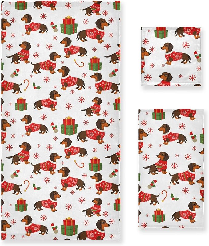 Pfrewn Christmas Winter Towels Set of 3 Dachshund Dog Christmas Snowflakes Bathroom Towel Soft Absorbent Bath Hand Towels Washcloth Guest Towel Sets Xmas Holiday Decor