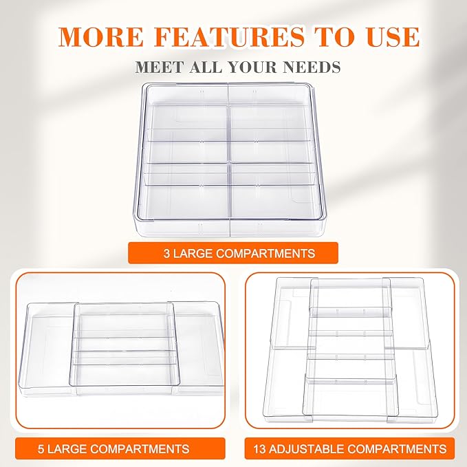 2 Pcs Large Expandable Acrylic Drawer Organizers, Grid Adjustable Drawer, Dividers Organizer for Desk, Makeup, Jewelry, Office, Kitchen Supplies (Clear,15 Compartments)