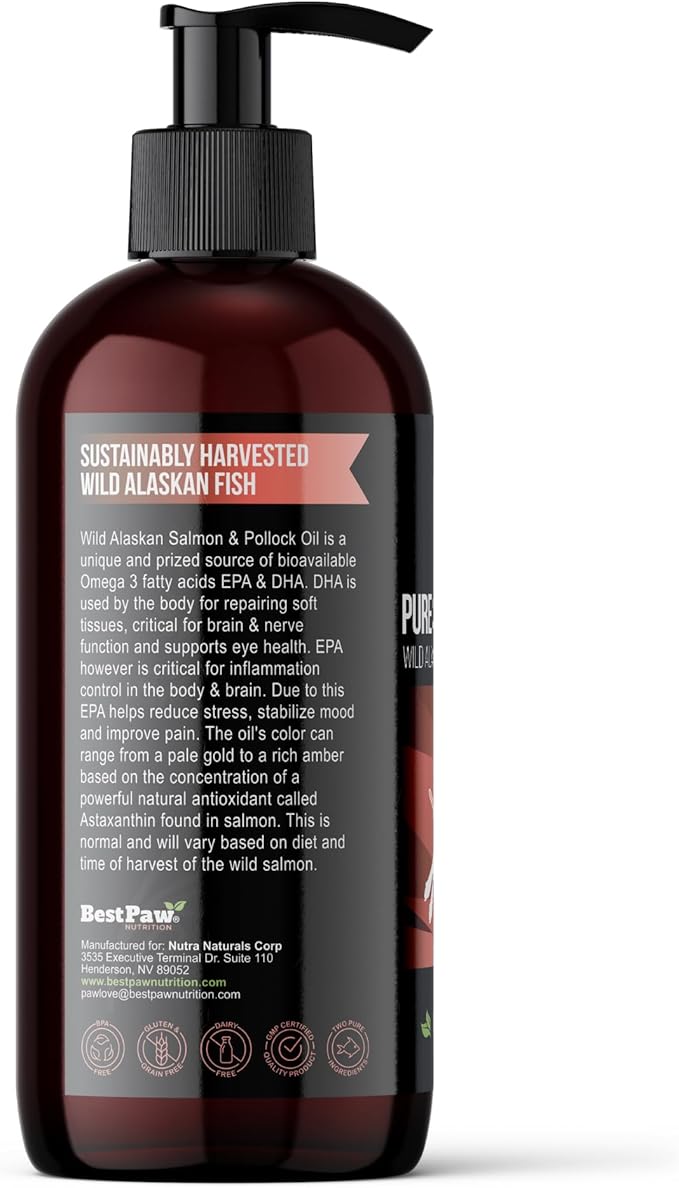 Best Paw Nutrition Wild Alaskan Salmon & Pollock Oil for Dogs & Cats – Fish Oil for Dogs Liquid Pump – Omega 3 EPA DHA – Skin & Coat, Itch & Shedding Support – Joint Supplement – 16 oz