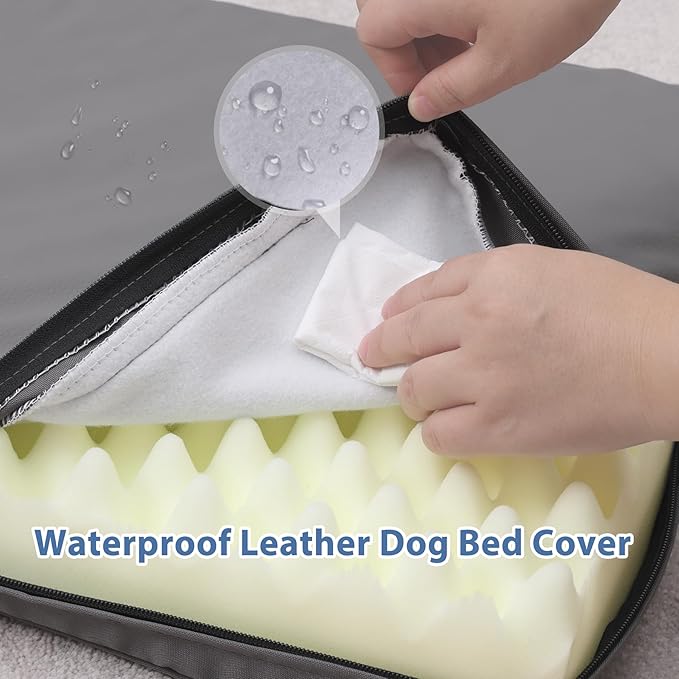 Vonabem Large Dog Bed Waterproof Washable XL Crate Pad 42 inch, Outdoor Durable Leather Pet beds Foam Orthopedic, Anti-Slip XLarge Kennel Pads with Removable Cover Reversible, 41"x27" Grey