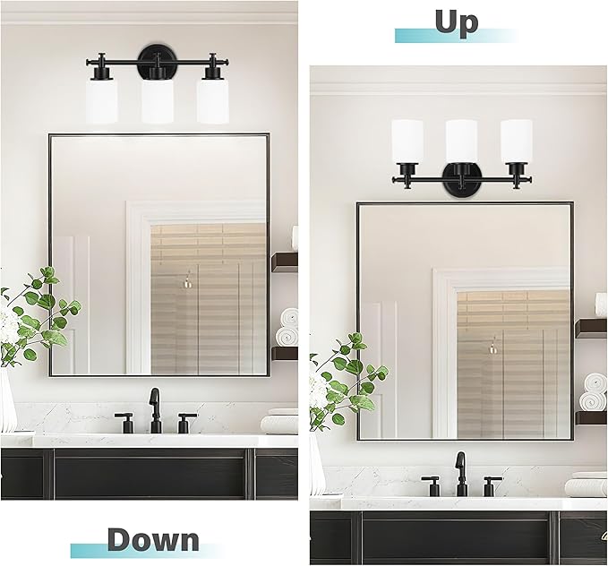 3-Light Black Bathroom Light Fixtures, Modern Vanity Lights Over Mirror, Bathroom Wall Sconces with White Glass Shade, E26 Socket, 15.75" Compact Vanity Light Fixtures