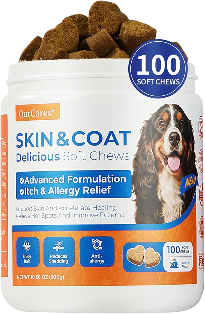 Fish Oil Soft Chews for Dogs, Omega 3 for Dogs Soft Chews, Dog Fish Oil Treats for Skin & Coat, Low-Fishy Formula, Daily Supplements for Dogs, Dog Food Companion (Chicken Flavor, 100 Ct)