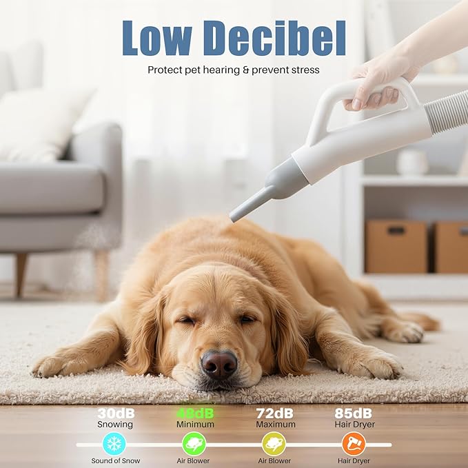 DUMOS Pet Blow Dryer Grooming Vacuum Kit, Dog Dog Hair Dryer with Adjustable Wind Speed & Heater Temperature, Cool-Warm-Hot Cycle Mode, 4 Nozzles, 6.5 FT Cord for Low Noise Cat Hair Remover, White