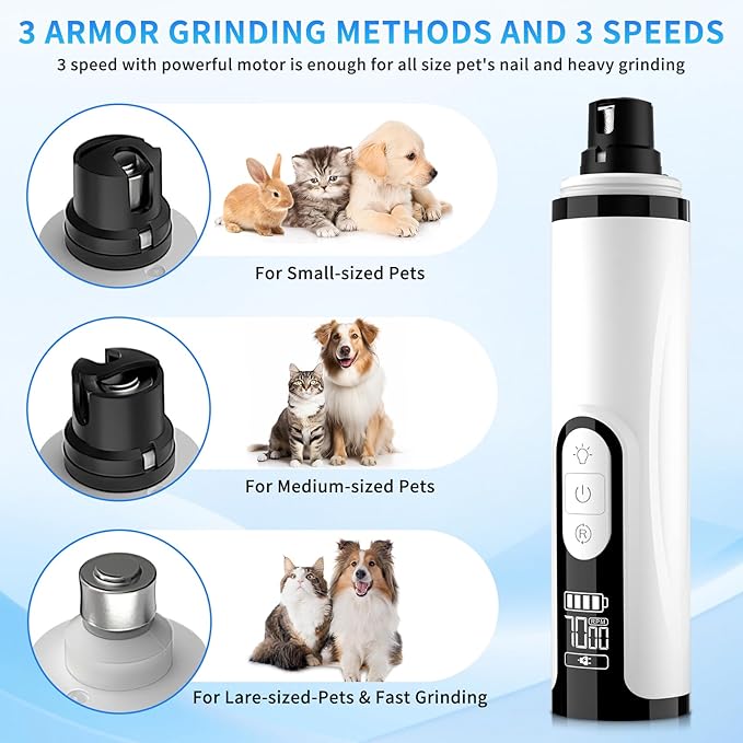 2026 Upgraded Nail Grinder,3-Speed Powerful Electric Pet Nail Trimmer,Rechargeable USB Charging/2 LED Light/Grinding Wheels/Pet Silent Cat Claw Nail Grooming Supplies for Small and Large Dogs and Cats