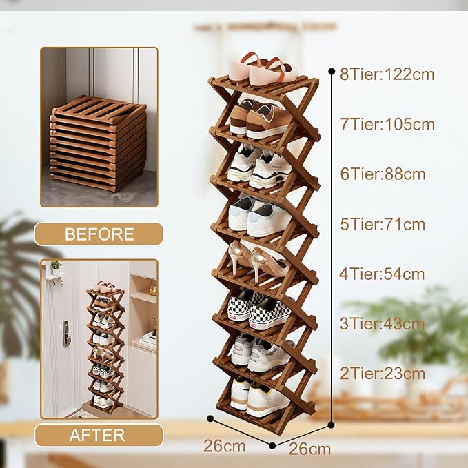 Comeon Bamboo Shoe Rack, Foldable Vertical Shoe Rack for Front Door Entrance Narrow Shoe Organizer Small Shoe Shelf for Entryway Shoe Storage Closet Multi-Tier (Brown Colors,5 Layers)