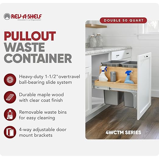 Rev-A-Shelf Top Mount Double Pullout Under Cabinet 50 Quart Kitchen Trash Cans w/ Soft-Close for Full Height Cabinet, 150 Pound Rated Full-Extension Slides, 4WCTM-2450BBSCDM-2
