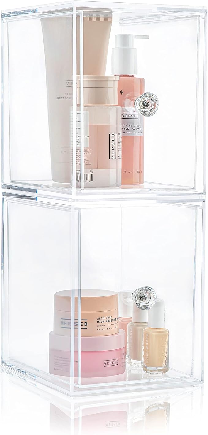 Oizeir Clear Drawer Organizers - Acrylic, Durable, Stackable, Pull-Out Drawer - Great for Medicine, Cosmetics, Makeup and Bathroom Organization (8" High | 2-PACK)