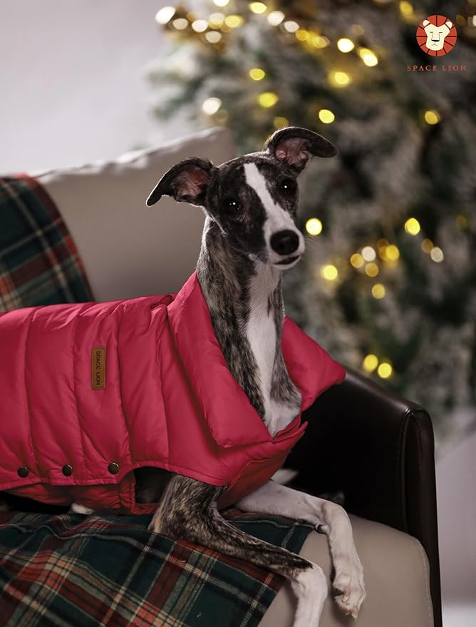 SPACE LION Dog Puffer Jacket, Down Winter Coat, Durable Outdoor Coat for Cold and Windy Conditions, Lightweight & Adjustable Fit Coats for Small & Medium Dogs, (Red, Size12/M)