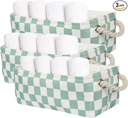 3Pcs Sage Green Checkered Canvas Basket, Small Rectangular Organizing Decorative Storage Basket for Kids, Dog Toy, Cute Aesthetic Checkered Room Decor for Home, Bedroom, Shelves (Green)