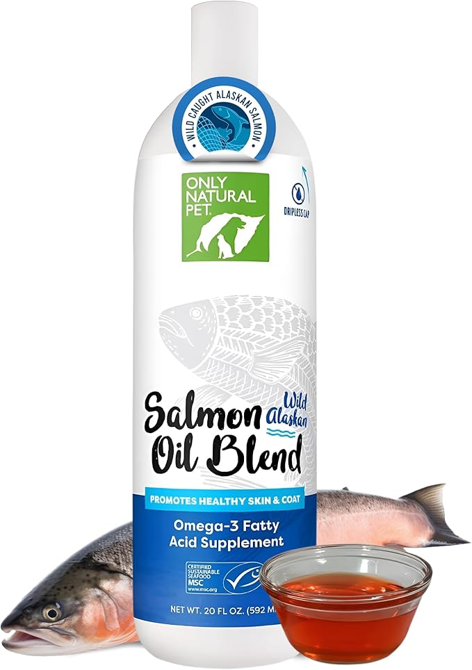 Only Natural Pet Wild Alaskan Salmon Oil for Dogs & Cats - Omega 3 & 6 Liquid Food Supplement for Pets - EPA & DHA Fish Oils, All Natural Joint Support, Promote Healthy Skin, Coat & Heart - 20 Fl Oz