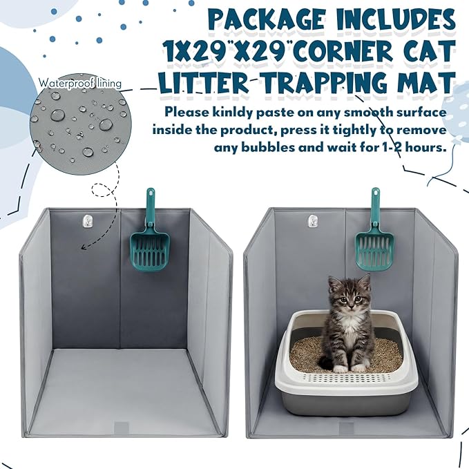 24"L×16.14"W×16.14"H Foldable Cat Litter Box Enclosure Splash Guard with Removable Mat, Cat-print Casing, Large High Sided for Litter Pan Water Resistant Easy Clean Anti-leakage Pee Shields