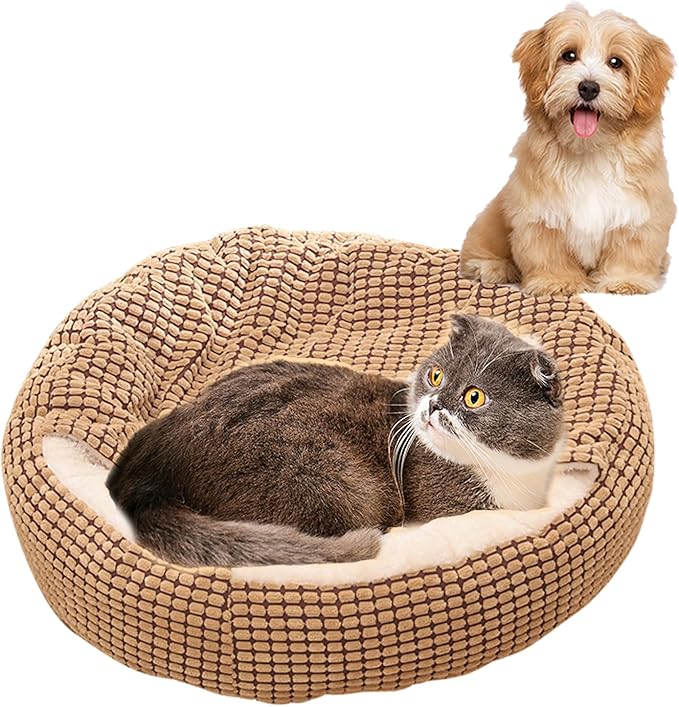 Dog Bed with Attached Blanket, Anti-Anxiety Hooded Pet Dog Cat Beds, Washable Calming Dog Sofa with Anti-Slip Bottom (Medium, Brown)