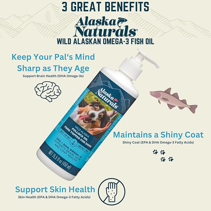 Alaska Naturals Wild Alaskan Fish Oil Supplement for Dogs Skin and Coat with EPA DHA Omega 3 Fatty Acids Sustainable Liquid Food Topper 15.5 oz. Pump