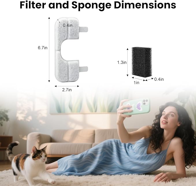8 Pack Replacement Filters & 8 Pump Filter Sponges for Qinliy Q108 123oz/3.5L Stainless Steel Cat Water Fountain Filter Replacement