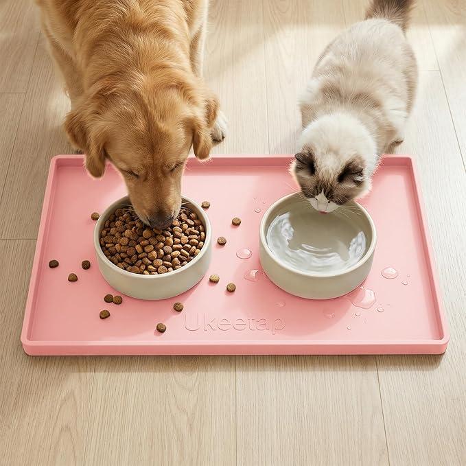 Extra Thick Silicone Mat Waterproof with Raised Edge 19” x 12”, BPA Free Non-Slip Dog & Cat Food Mat, Feeding Mat for Food and Water Bowls, Spill Proof Mat to Protect Floors, Pink
