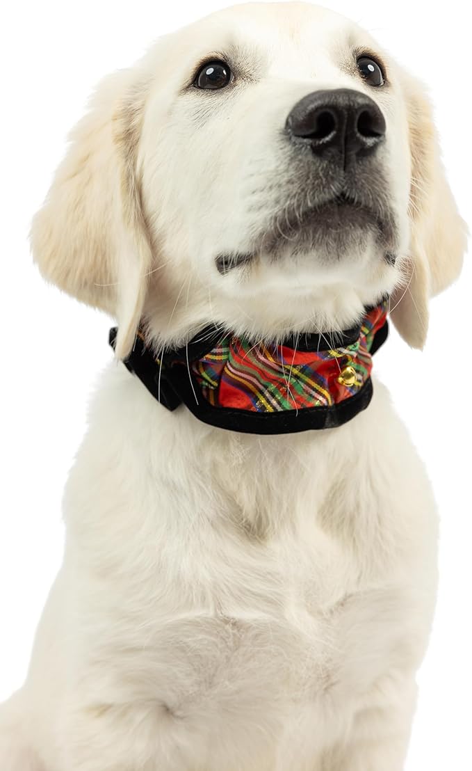 Huxley & Kent Ruff Pet Scrunchy | Shiny Christmas Plaid (Large) | Festive Christmas/Holiday Neckwear for Dogs/Cats | Fun Stretchable Costume Accessory | Soft Collar with Bells