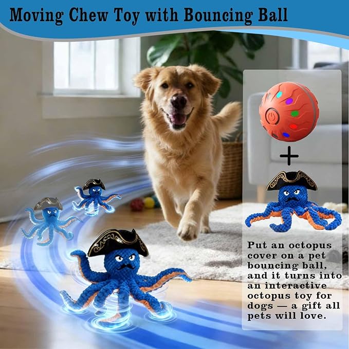 Octopus Dog Toy-Automatic Bouncing Ball, Moving Chew Toy with Bouncing Ball, Interactive Dog Toys for Small and Large Dogs, Automatic Moving Dog Ball Toys, Squeaky Tug of War Dog Toy to Keep Them Busy