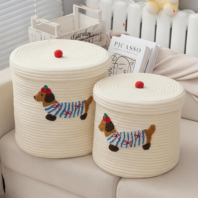 Novabright 2 Pcs Dog Woven Basket with Lid Cute Toy Storage Bin Cotton Rope Puppy Animal Storage Basket for Laundry Toy Pet Gift Organizer for Clothes Towels
