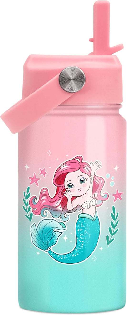 Mermaid Water Bottle for Girls - Kids Water Bottle with Straw Lid - 12 Oz Insulated Stainless Steel Water Bottles - Travel Cup for School Sports