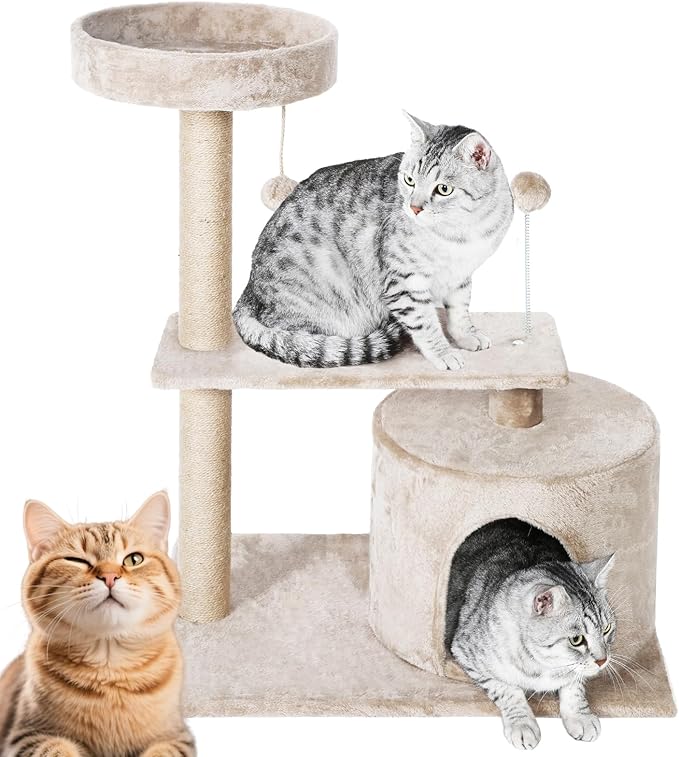 Simple Deluxe Cute Small Cat Tree for Indoor Cats, 31 Inch Plush Tower with Large Condo, Deep Hammock and Sisal Scratching Post for Kittens, Beige