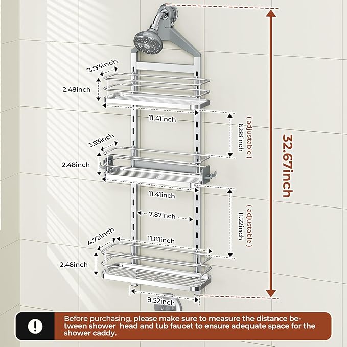 Orimade Aluminum Hanging Shower Caddy Over Head, Adjustable Bathroom Shelf with Hooks, Anti-Slip Rustproof Organizer Storage Rack Basket, Silver, 3 Tier
