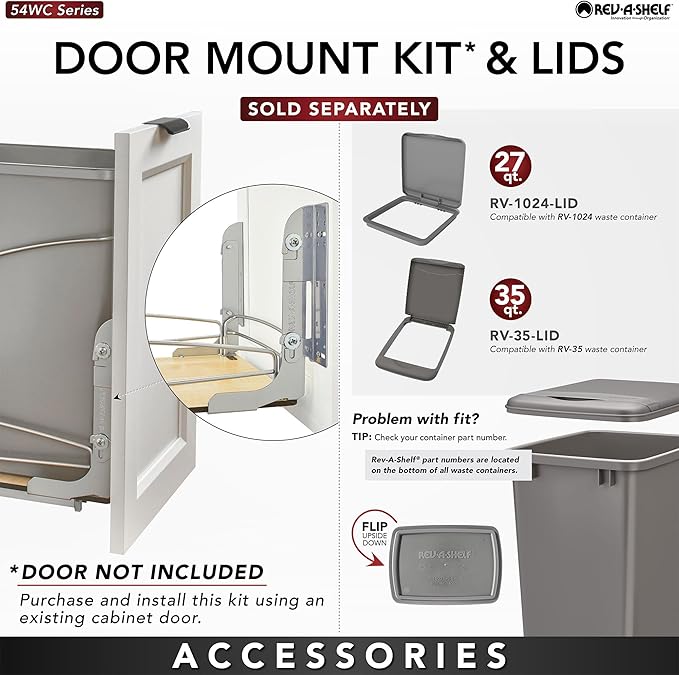 Rev-A-Shelf Steel Bottom Mount Single 35 Quart 8.75 Gallon Waste Bin Trash Container for Under Kitchen Cabinet with Soft Close, Gray, 54WC-1535SC-17-1