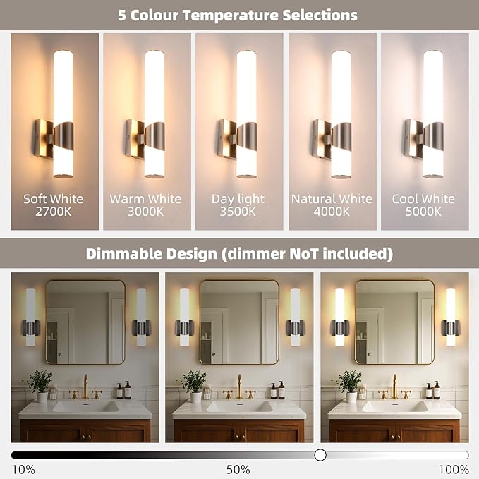 5CCT Wall Sconce Brushed Nickel Dimmable Bathroom Sconce with Acrylic Shade LED Hardwired Wall Light Fixtures for Bathroom Living Room Bedroom Hallway