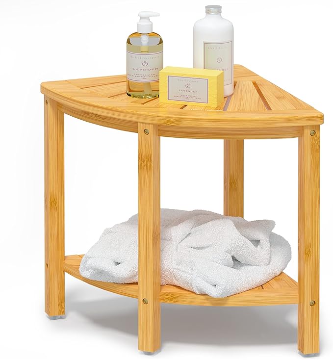 Bamboo Corner Shower Bench Waterproof Stool with Space-Efficient Storage Shelf - Shower Stool Seat for Indoor or Outdoor Use