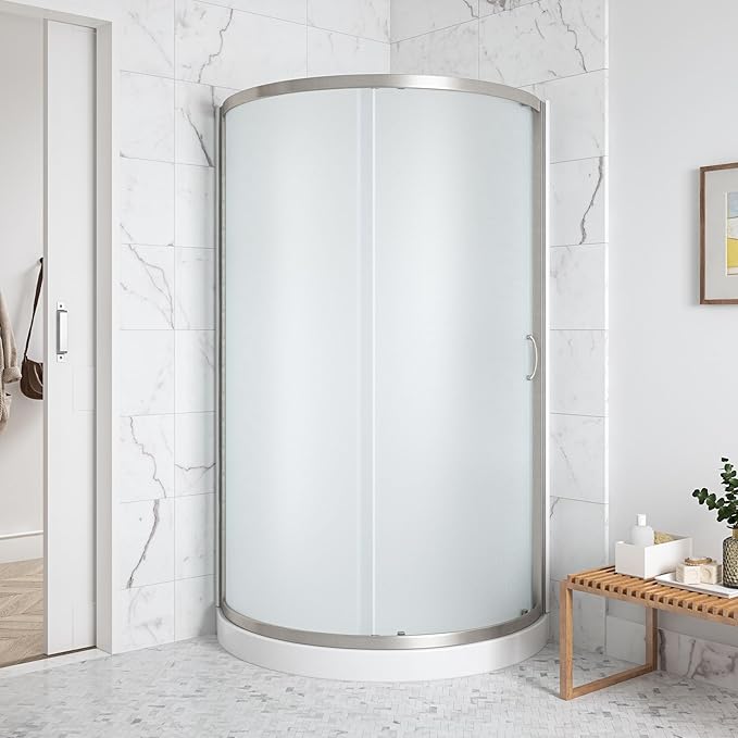OVE Decors Breeze 32 in. Corner Shower Frosted Sliding Door with Included Base in Satin Nickel Finish