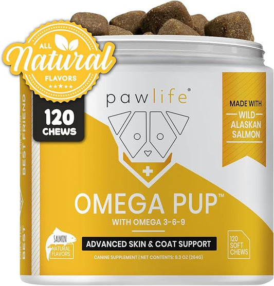 Dog Fish Oil Supplements - 120 Omega 3 Fish Oil Dog Vitamins, Veterinarian Formulated Itching Relief for Dogs, Natural Omega 3 Fish Oil for Dogs, Dog Skin and Coat Supplement (Salmon Flavor)
