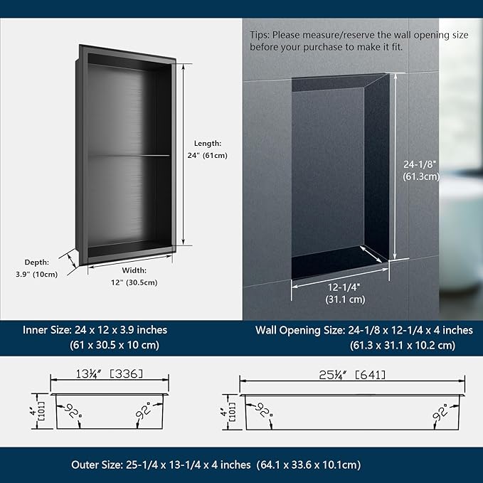 Shower Niche, 12" x 24" Black Stainless Steel Niches No Tile Needed, Two-Tier Wall Niches, Recessed Shower Shelf, Bathroom Niche for Storage