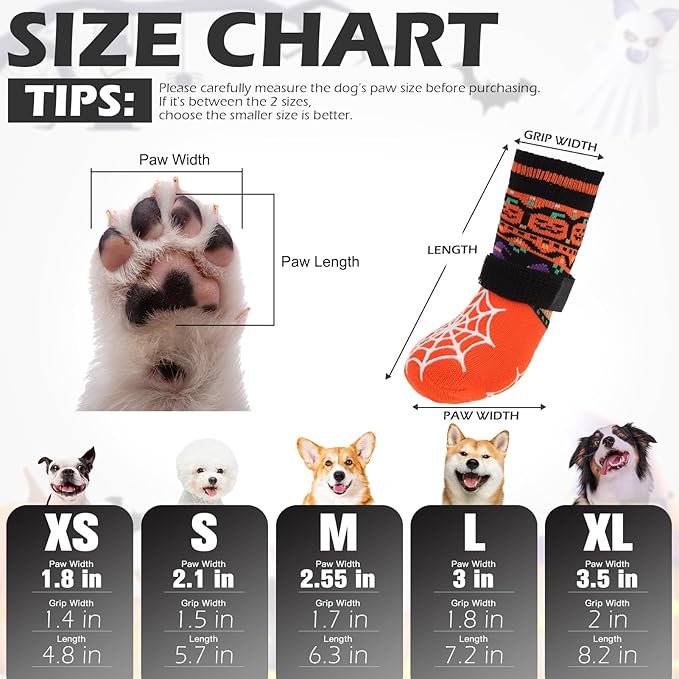 EXPAWLORER Halloween Anti Slip Dog Socks to Prevent Licking Paws, Boots & Paw Protectors with Spider Web Grippers,Doggie Booties for Hardwood Floors for Small Medium Large Senior Dogs Orange Pumpkin M