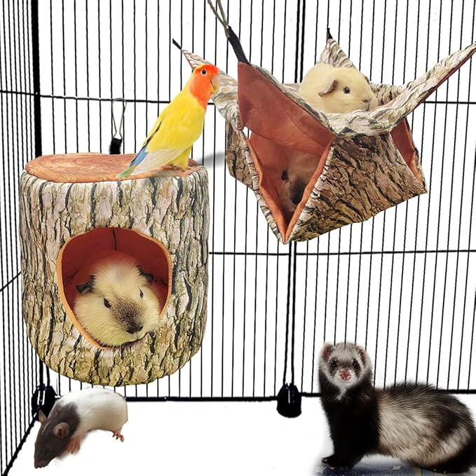 Guinea Pig, Rat & Ferret Tree Hole Bed and Hammock Tunnel, Parrot Bird Hideout and Soft Bed