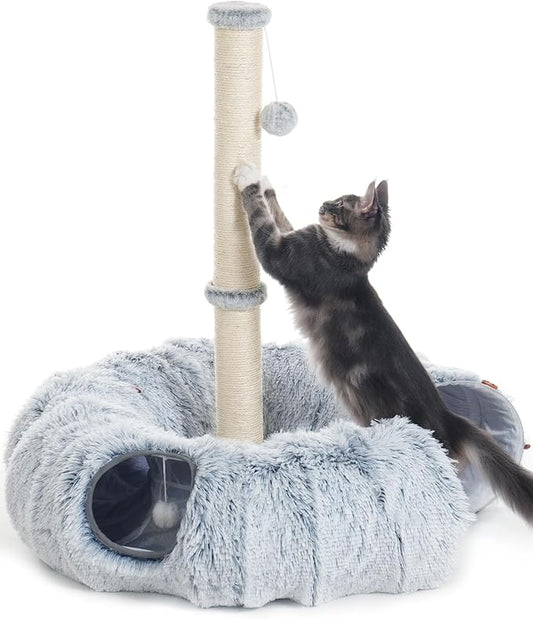 3-in-1 Cat Tunnel Bed, 34'' Tall Cat Scratching Post for Indoor Cats, Fluffy Peekaboo Donut Hideout Toy for Pets, Rabbit, Ferret