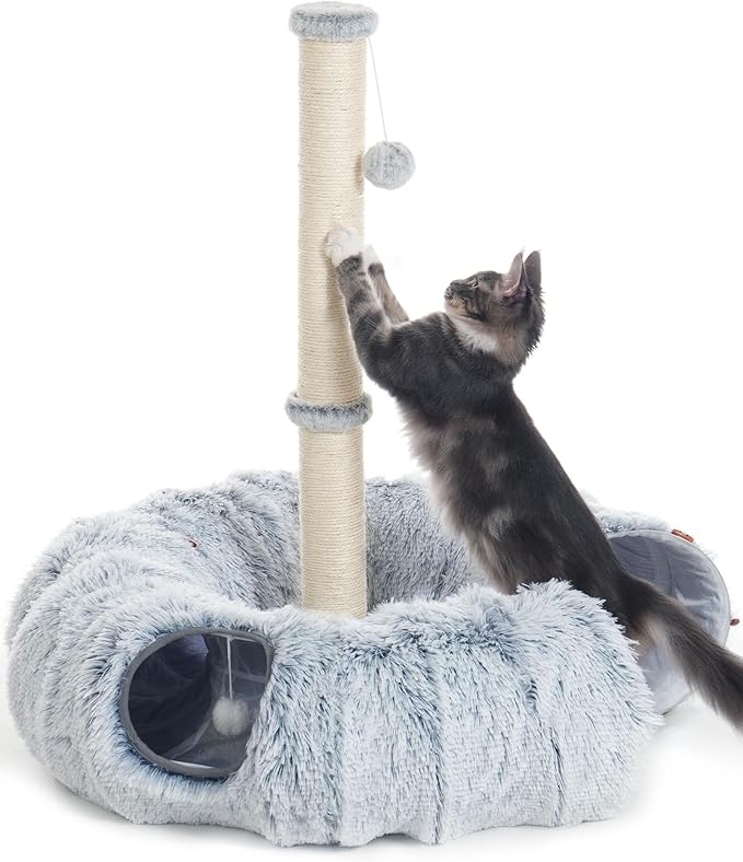 3-in-1 Cat Tunnel Bed, 34'' Tall Cat Scratching Post for Indoor Cats, Fluffy Peekaboo Donut Hideout Toy for Pets, Rabbit, Ferret