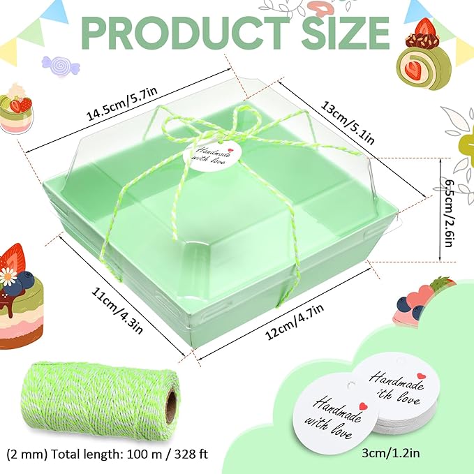 Outus 100 Pack Charcuterie Boxes with Clear Lids, 5.7 x 5.1 '', Mother 's Day Back to School Paper Food Containers Cake Take out Bakery Boxes with Gift Tags Rope for Desserts(Light Green,Classic)