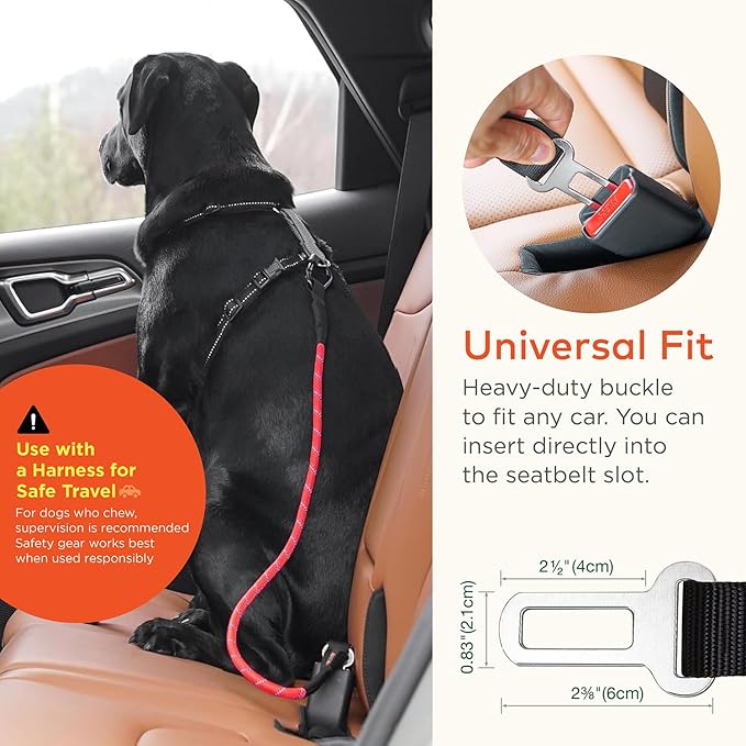 Dog Seat Belt for Car | Universal Dog Car Seatbelt | Durable Reflective Rope with Clip Hook Latch, Buckle and Carabiner- Safe and Secure Pet Safety Restraint (Pink)
